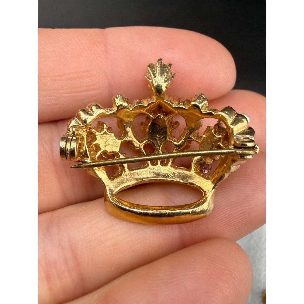 Vintage Crown Brooch Screw Back Earrings Set Rhinestone Pink‎